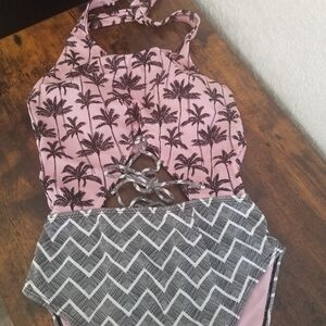 No Boundaries One Piece Swimsuit Tie Halter Top with Palm Trees 11-13 (Juniors)